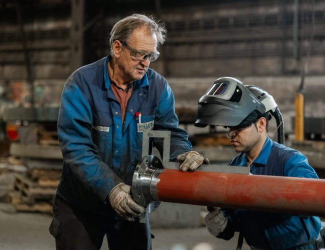 Zwei Mitarbeiter arbeiten an Rohrkonstruktion